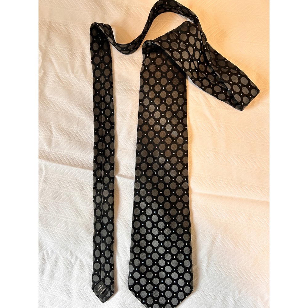 Claiborne Mens Silk‎ Tie Black Grey Geometric Polka Dot Hand Made Necktie